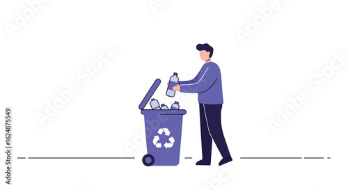 Male recycling plastic bottles into the container in a plain setting