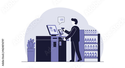 Using scanner at self-checkout, store shelf visible. For tech, shopping apps