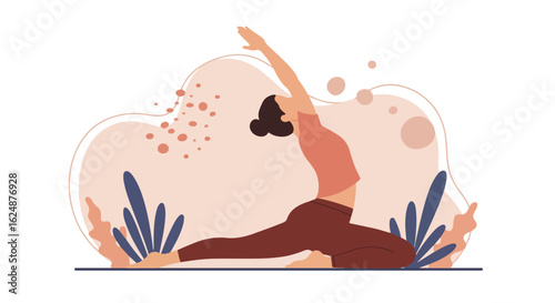 Woman doing yoga pose outdoors, with abstract shapes in background