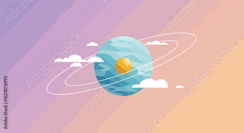 Blue planet with rings, orbiting a sun, with clouds in watercolor sky. For space poster