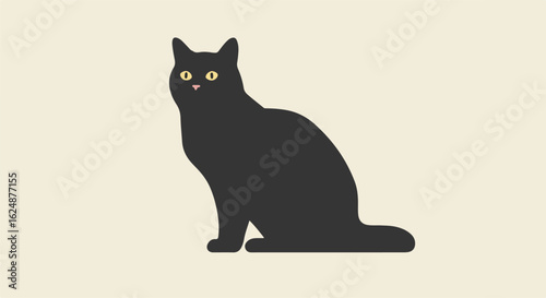 Illustration of a black cat seated in a graphic design, no background, usage prints