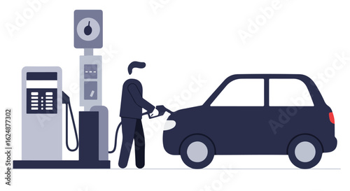 Filling Car Tank at the Station, Flat Illustration Style, Automotive Concept