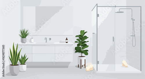 Plants in white bathroom. Modern sink and shower background. Home decor concept