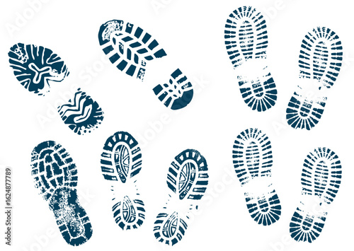 Footprints silhouettes grunge stamps with black ink stock