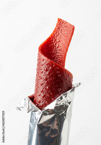 Rolled fruit leather snack in foil wrapper