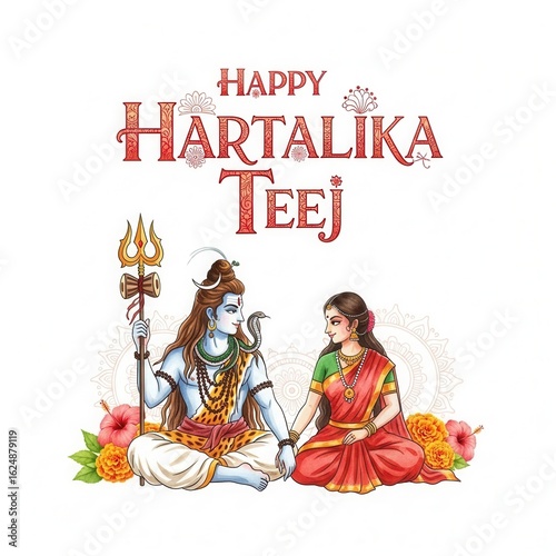 Hartalika Teej Festival with Goddess Parvati, Traditional Indian Women Celebrating Hartalika Teej Puja with Mehendi, Sweets, and Festive Decor