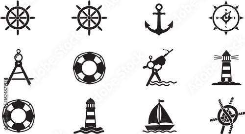 Black and White Nautical Icons Set with Ship Wheel Anchor Compass Lifebuoy Lighthouse and Sailboat maritime