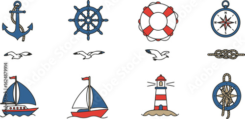 Hand Drawn Nautical Icons with Seagulls Featuring Anchor Ship Wheel Lifebuoy Compass Lighthouse and Sailboat