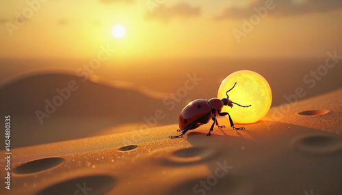Ladybug-like insect whimsical pushing glowing orb against desert sunset