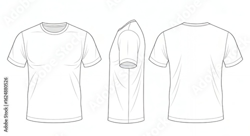 Technical drawing of a classic t-shirt template showcasing front, side, and back views for apparel design and production.
