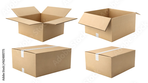 open cardboard box ,blank brown paper cardboard box different angles isolated on transparent background 