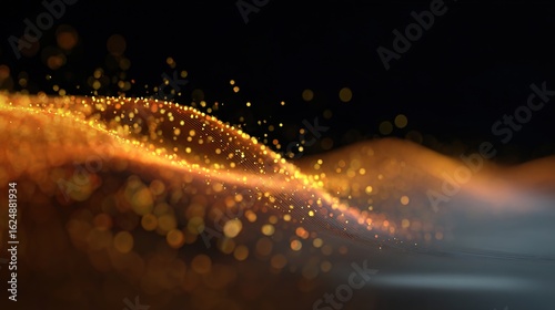 Golden Particles Abstract: Dynamic waves of golden particles flow through a dark void, capturing a sense of energy and motion. This abstract piece symbolizes innovation.