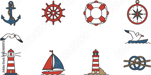 Nautical Icons Set With Anchor Ship Wheel Lifebuoy Compass Seagull Sailboat Lighthouse and Rope Knot Keywords: nautical, maritime, sea, ocean, sailing, boat, ship, anchor, ship wheel, helm