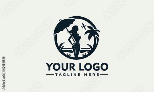 Silhouette logo depicting a woman with an umbrella, a palm tree, and an airplane within a circular frame.