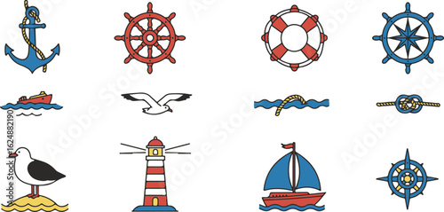 Nautical Icons with Boat Seagull and Lighthouse Featuring Anchor Ship Wheel Lifebuoy Compass and Sailboat