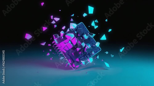 A shattered circuit board explodes in a vibrant display of neon light