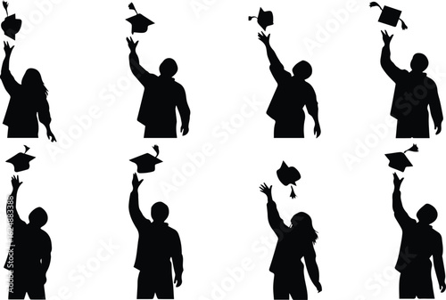 graduation caps tossed in the air by silhouetted students celebrating their success isolated on white background