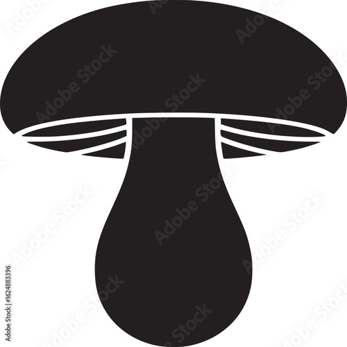 A simple black and white illustration of a mushroom with a rounded cap and a thick stem shape