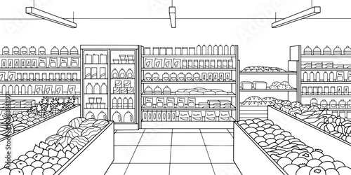 Grocery store shop interior black white graphic sketch illustration vector 