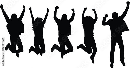  group of five people jumping in the air with arms raised in celebration, isolated on white background