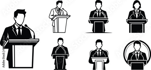  collection of speakers at podiums, representing public speaking and professional communication, isolated on white background