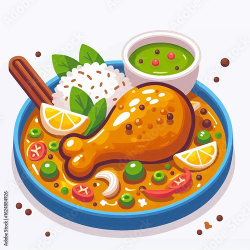 Delicious Culinary Delight: An artistic display of a flavorful chicken drumstick alongside a medley of vibrant ingredients in a colorful illustration of a mouthwatering dish.