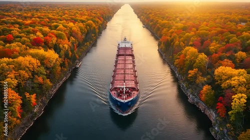 Cargo ship navigating through autumn foliage canal