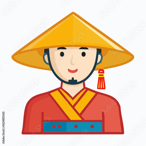 Asian man smiling and wearing traditional conical hat and clothes illustration