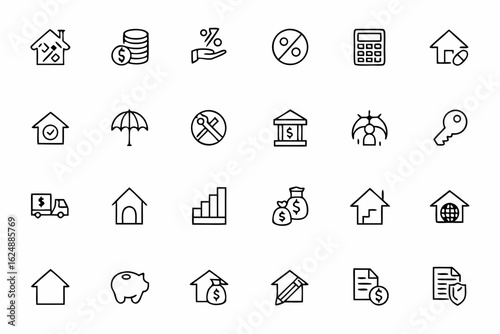 A detailed icon bundle focused on the financial and transactional aspects of real estate. Suitable for mortgage brokers, loan applications, and investment presentations
