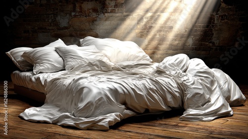 A rumpled white bed with sunlight streaming through a window onto the bedding