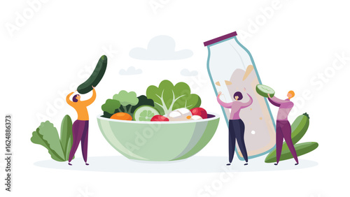People adding vegetables to a salad bowl with a large bottle of dressing on a white background