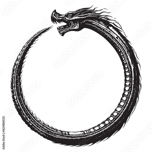 Biomechanical ouroboros dragon symbolizing transhumanism and timeless identity