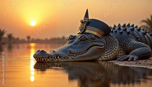 Serene Royal Pharaoh's Crocodile on the Riverbank at Sunset