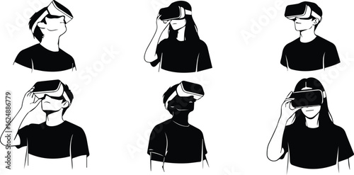  collection of people wearing virtual reality headsets, showcasing immersive technology and future digital experiences, isolated on white background