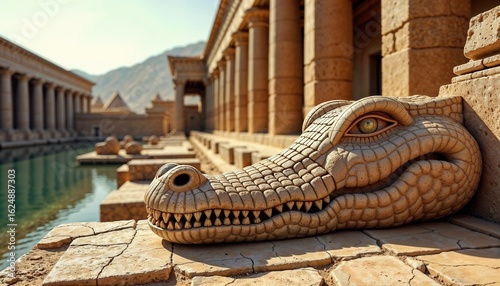 Ancient Crocodile Statue Detailed Stone in Archeological Temple Site