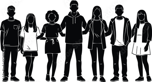  diverse group of people standing together isolated on white background, illustration of unity and community