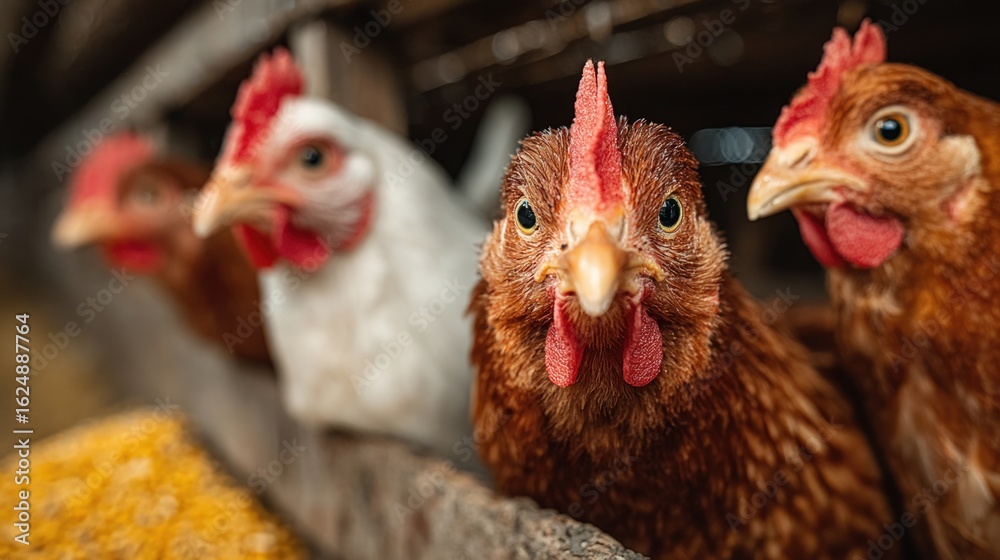 Naklejka premium Close-up of four hens in a coop, focused on three