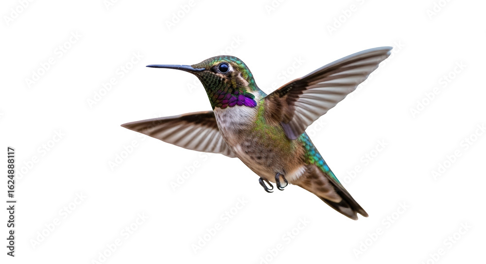 Fototapeta premium An image of hummingbird in flight isolated on white.. The scene includes image, macro, blue, elegant, flight, nature, green, colorful,