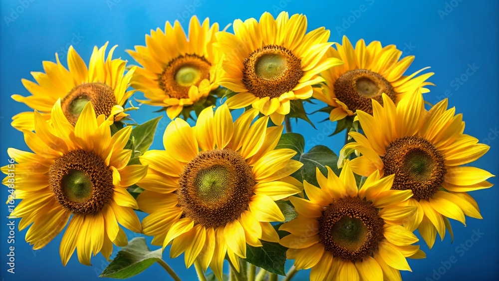 Fototapeta premium Bright yellow sunflowers stand tall against a clear blue sky, a vibrant symbol of summer's beauty and nature's cheerful blossom