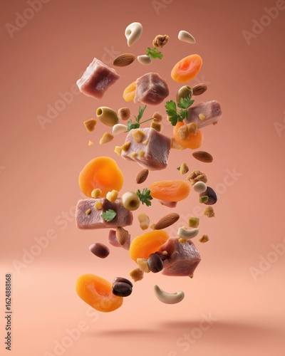 Floating Medley of Dried Fruits and Cubed Snacks on Coral Gradient