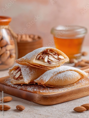 Soft Almond Pastries with Honey on Wooden Board