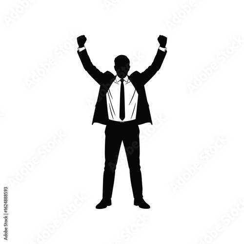 Silhouette of a triumphant businessman with arms raised in celebration