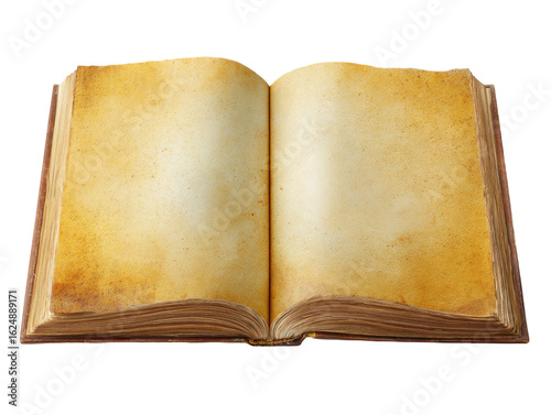 Open ancient book studio digital image neutral background close-up. Isolated on transparent background, png.