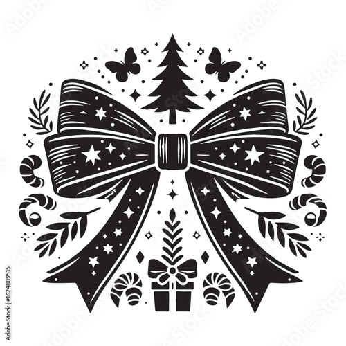 black Christmas ribbon bow Silhouette Vector, High Quality Illustration on White Background