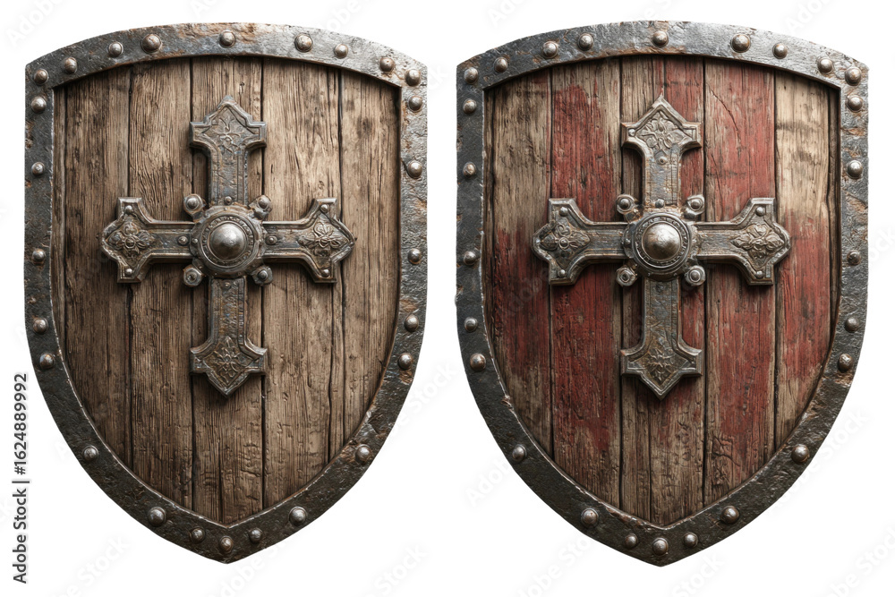 Fototapeta premium Historic battle shields display medieval setting digital art. Isolated on transparent background, png.