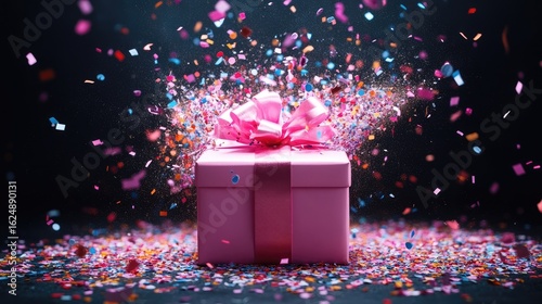 Celebration with Pink Gift Box and Confetti Explosion on Dark Background