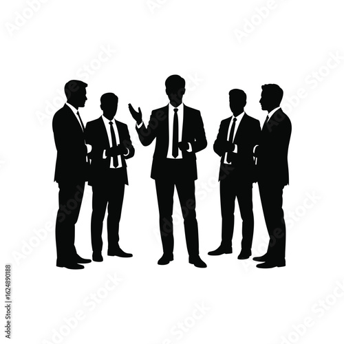 Group of businessmen in suits standing in a circle discussing ideas