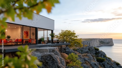 Modern residence on a cliff with ocean view and minimalist architecture
