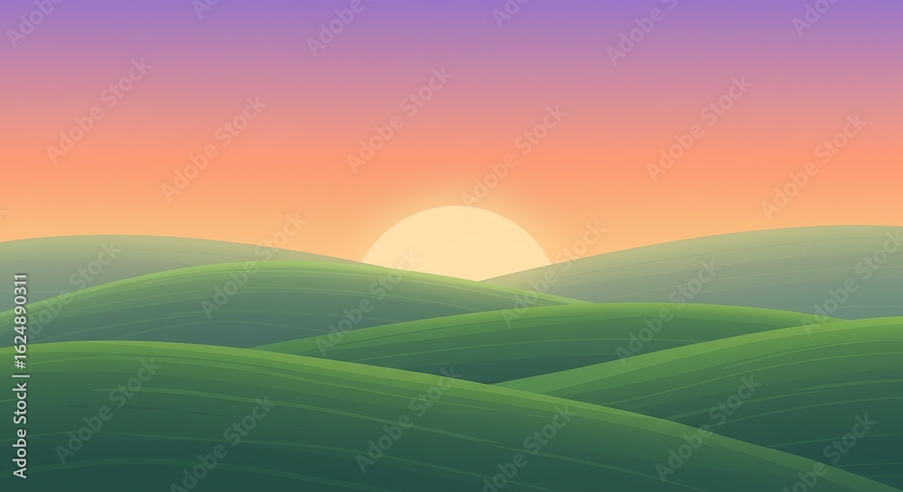Fototapeta premium Rolling Green Hills at Sunset - Serene Landscape Illustration