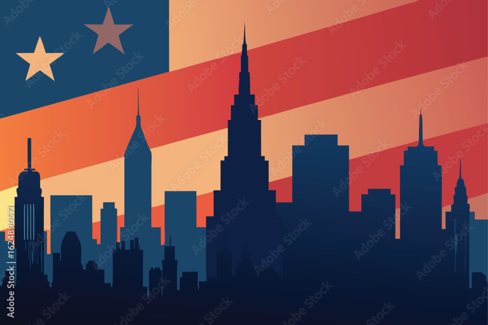 Obraz premium silhouetted skyline with american flag overlay .eps